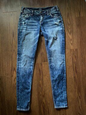 Silver Jeans Co. Distressed Girlfriend Mid Rise Skinny Jeans W27 L29